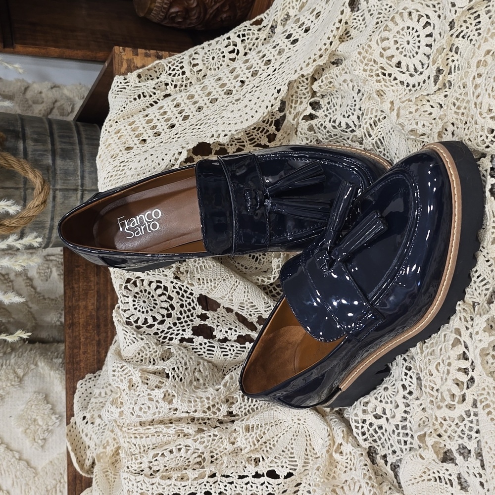FRANCO SARTO "Carolynn" Tassel Loafer Ink Navy Faux Patent Sz 9W